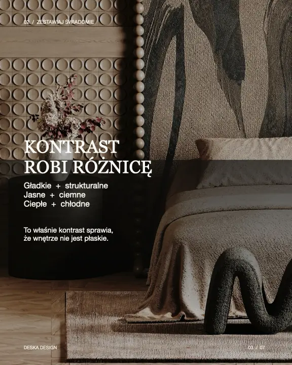 Kontrast faktur i kolorów we wnętrzu sypialni